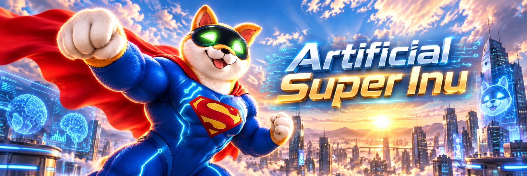 Artificial Super Inu flying over a futuristic city