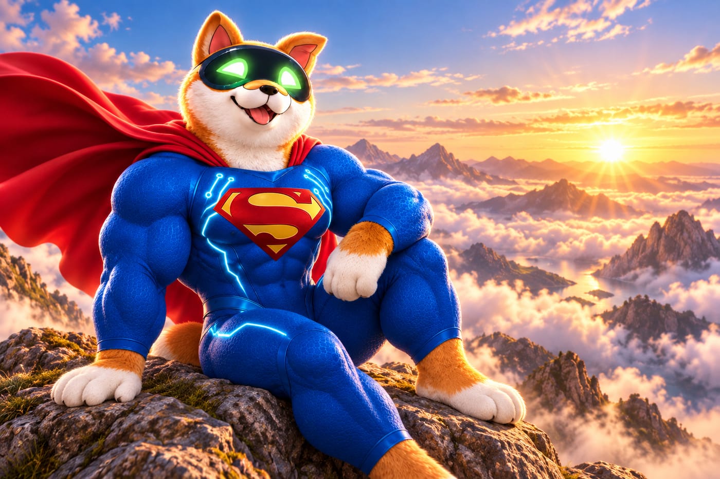 Artificial Super Inu resting on a mountain peak